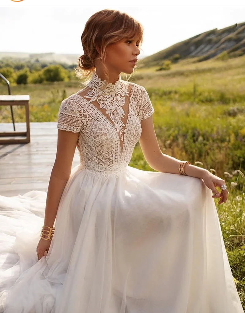 Gaun pengantin leher tinggi, bergaya antik Boho topi pendek lengan terbuka di Pantai Gading gaun pengantin gaya negara Bohemian A-Line