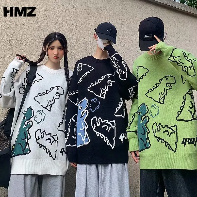 

HMZ Sweater Men Harajuku Fashion Knitted Hip Hop Streetwear Dinosaur Cartoon Pullover O-neck Oversize Casual Couple Male Sweater