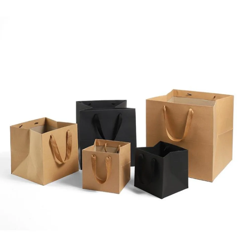 100pcs Fruit Flowers Bonsai Packaging Paper Bag With Handle Square Bottom Kraft Paper Bag Gift Bag Black/Brown 4 Large Size