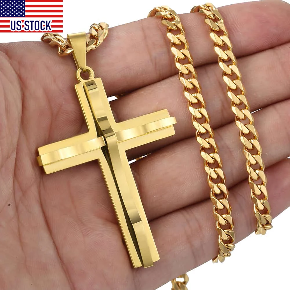 Gold Silver Color Cross Pendant Necklace For Men  Stainless Steel Pendant Necklace Men Jewelry Wholesale US Stock KP602AA