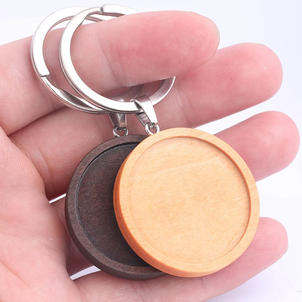 

5pcs Double Side Wooden Keychain Cabochon Base Setting Blanks 30mm Dia Pendant Bezel Trays Diy Metal Keyring Accessories