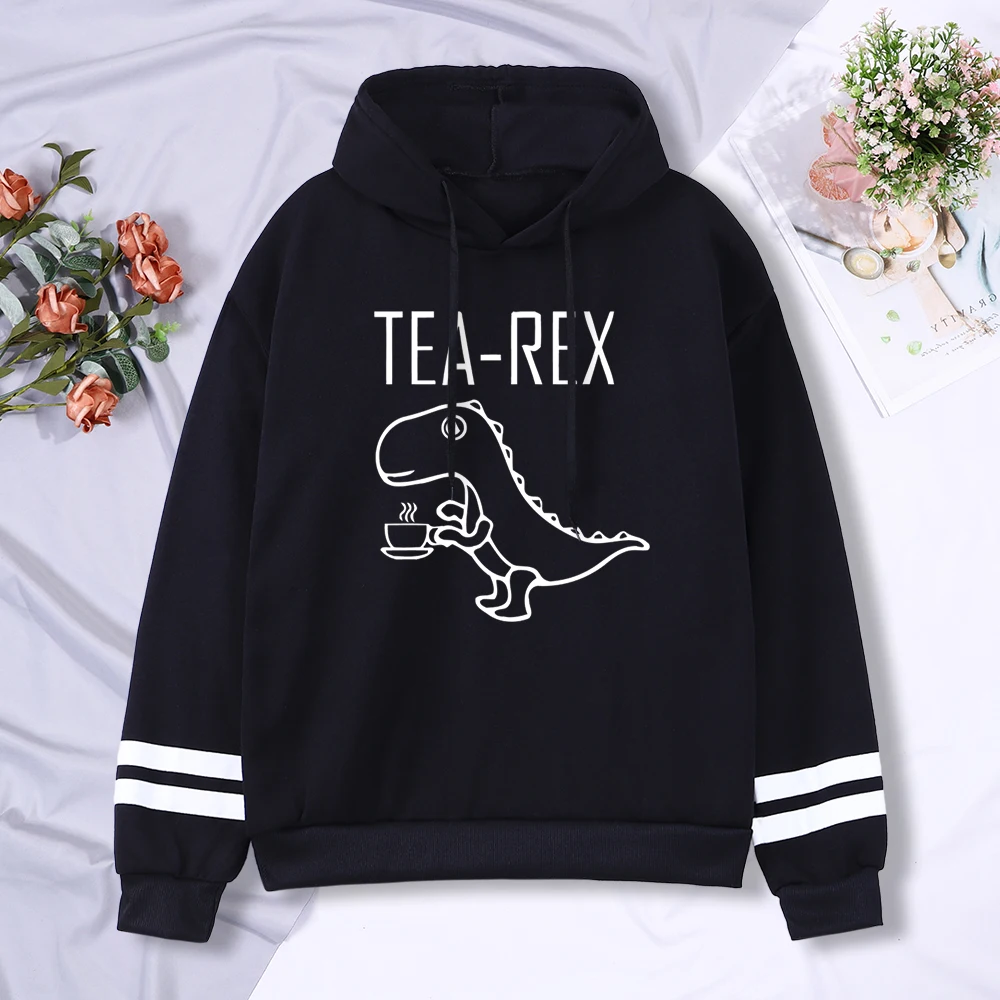 Tea Rex funny dinosaur drink coffee Print Hooded Mens Autumn Fleece Hoodies Casual Stripe Cuffs New Hoodie Street Brand Clothes