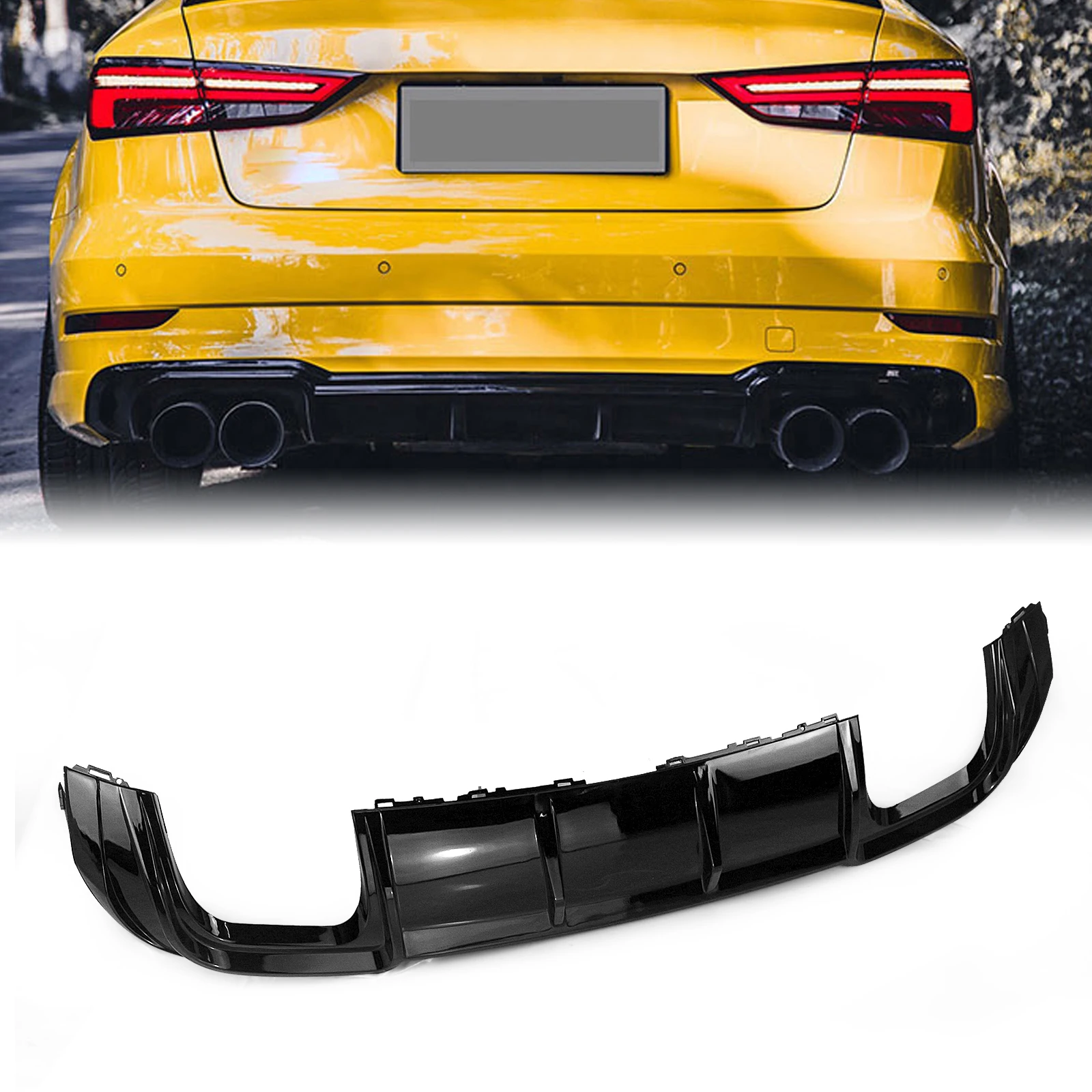 

For Audi A3 Sline S3 Sedan 2017 2018 2019 2020 Sport Models Gloss Black/Carbon Fiber Look Rear Bumper Diffuser Lip Spoiler Kit