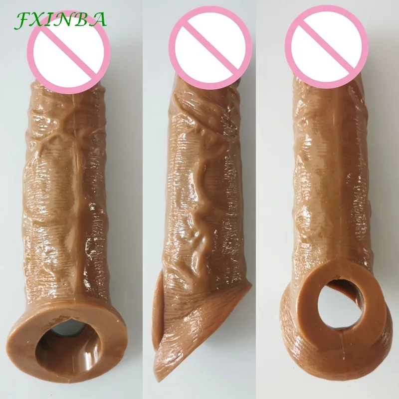 FXINBA 21cm Realistic Large Penis Sleeve Extender Large Reusable Penis Condom Delay Extension Sex Toy for Men Cock Enlarger