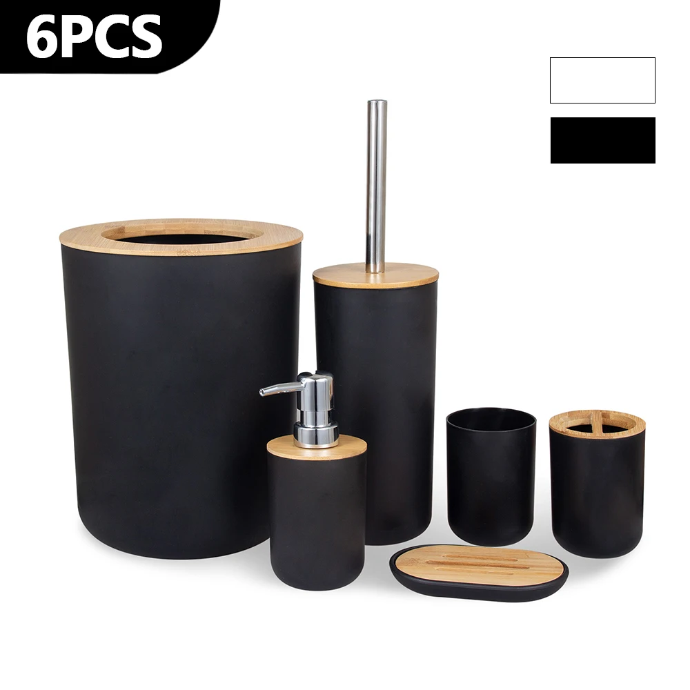 Bamboo Plastic Soap Dispenser Box 6Pcs/Set Bathroom Storage Set Trash Can Toothbrush Cup Holder Lotion bottle Toilet Brush