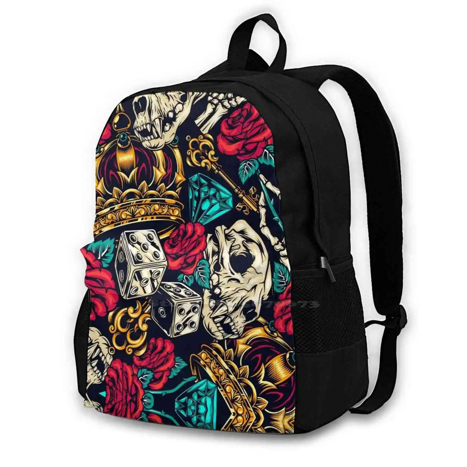 Skulls , Dice And Roses Patterns Backpack For Student School Laptop Travel Bag Dices Roses Skulls Crowns Keys Vintage