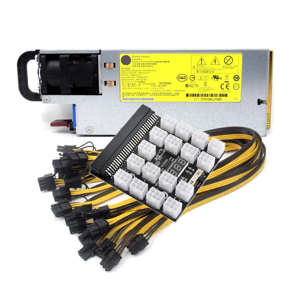 

1500W Platinum PSU Mining Power Supply Kit, Breakout Board, 17pcs PCIe 6Pin to 6+2Pin Power Cable