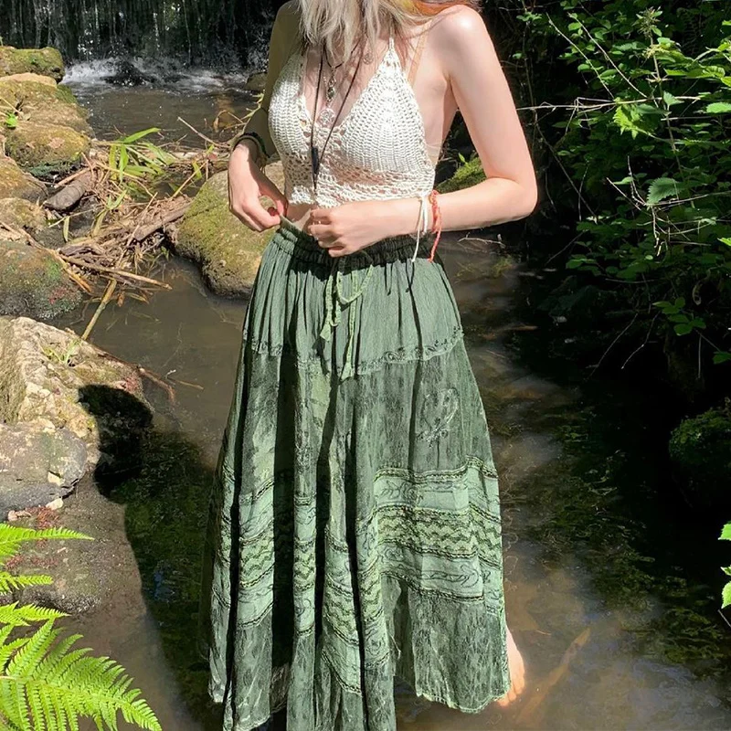 Women Vintage Summer Green Skirts High Waist Tie-Up Long Skirt Beach Style A Line Holiday Grunge Fairycore Skirt Streetwear