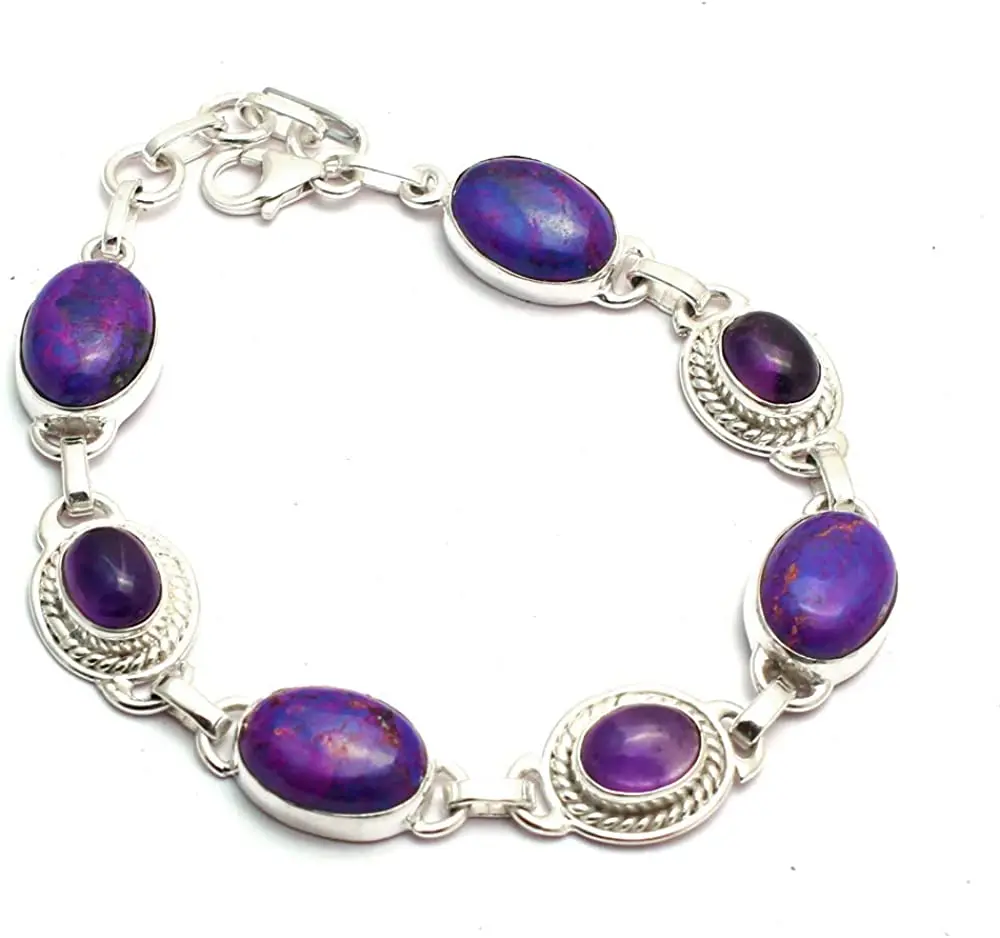 

Genuine Purple Copper Turquoise + Amethyst Bracelet 925 Sterling Silver,21 cm, GRP0338