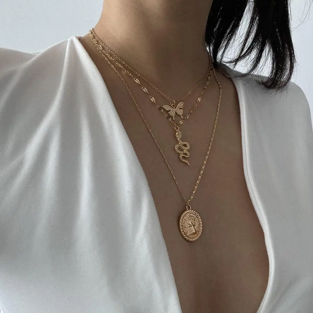 Fashion Multi Layered Alloy Gold Silver-color butterfly coin Choker Necklace Collar snake Statement Pendant Necklace Women Jewel