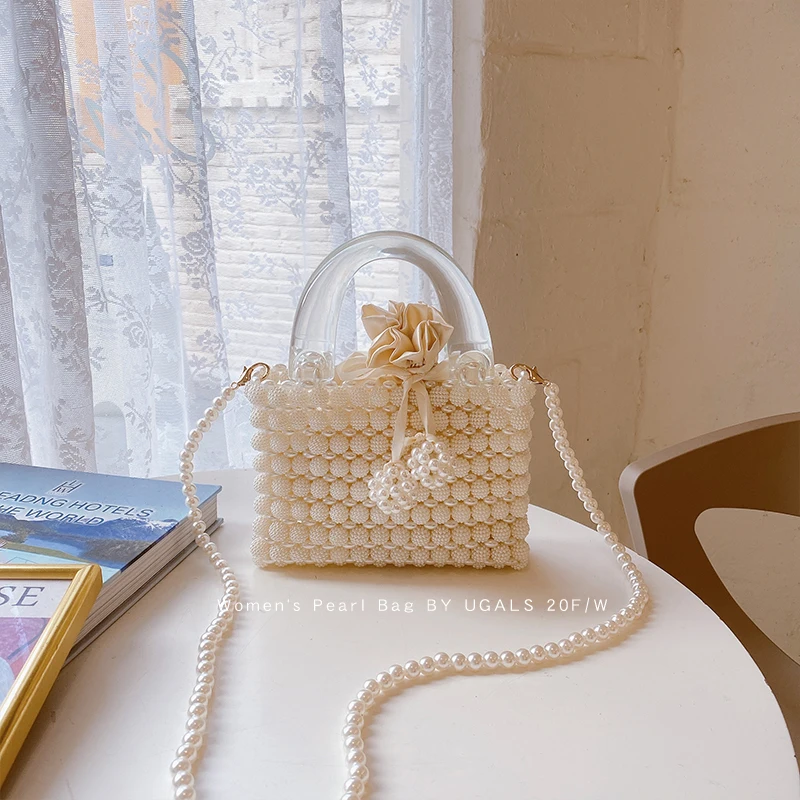 Handmade Pearl Bag Beaded Box Tote Women Party Retro Acrylic Plastic Tote Bag 2021 Summer Luxury Brand Dinner Bag Wholesale