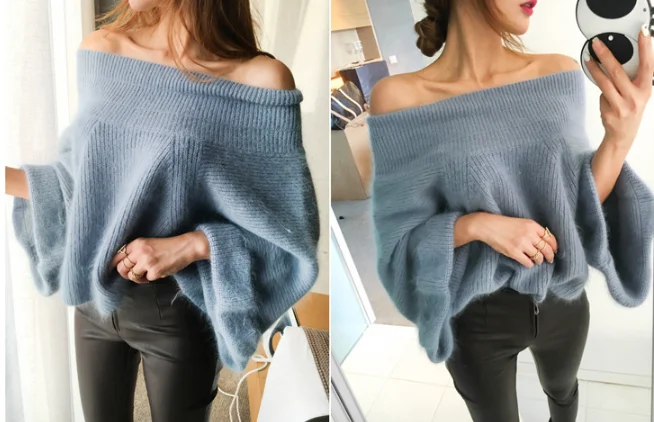 2022 Sexy Off Shoulder Knitted Sweater Women Solid Loose Flare Sleeve Pullover Jumpers Female Mink Cashmere Sweater poncho