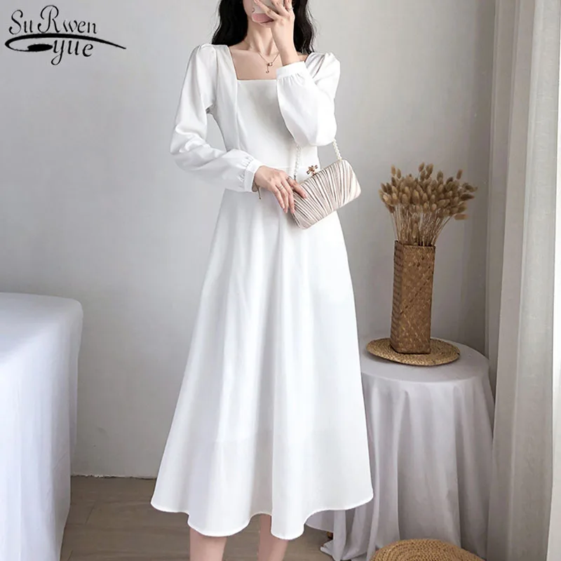 

French Elegant Gentle Sweet White Dress 2023 Autumn New Backless Dresses Vintage Square Collar Temperament Slim Midi Dress 13016