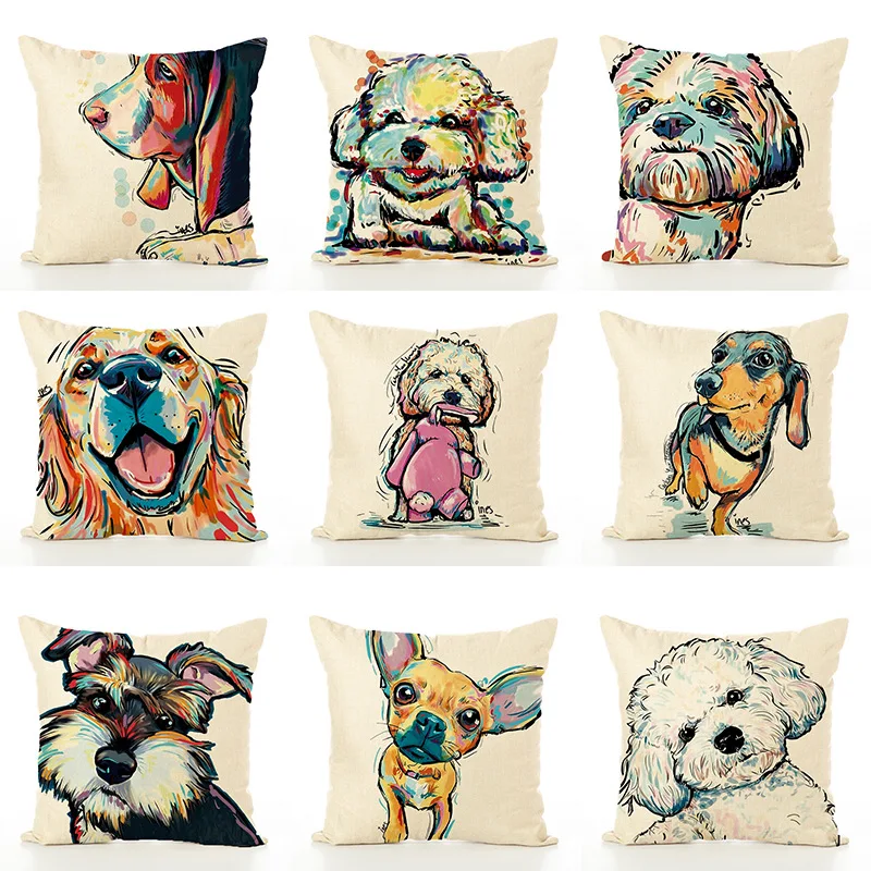 3D Cheap Cushion Cover Square Cotton Linen colourfu Bull Terrier Painted Bull dog dachshund For Home Sofa Pillow Case