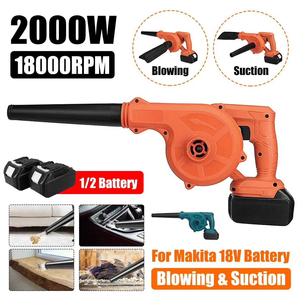 2200W Cordless Electric Air Blower & Suction Handheld Leaf Computer Dust Collector Cleaner Power Tools for Makita 18V Battery