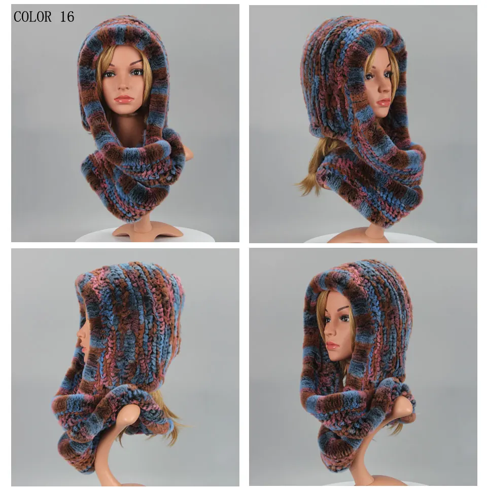 Frauen Gestrickte Echte Rex Kaninchen Pelz Hut Mit Kapuze Schal Winter Hüte für Frau Herbst Kappe Warme Natürliche Pelzmütze mit Hals Schals Bonnets – Detail 21