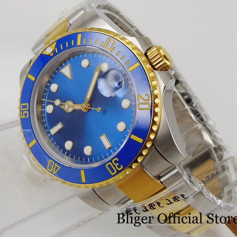 BLIGER  NH35A MIYOTA 8215 PT5000 Automatic Men Watch Two Tone Gold Bracelet Blue Black Sunburst Dial Sapphire Crystal