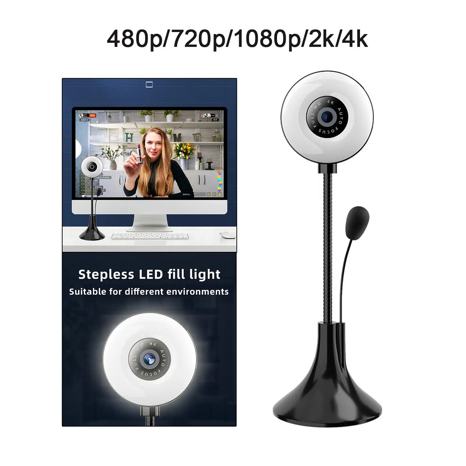 Webcam 4K Full HD USB Adjustment Multi-Directional Web cam for Webcast Skype Streaming Live