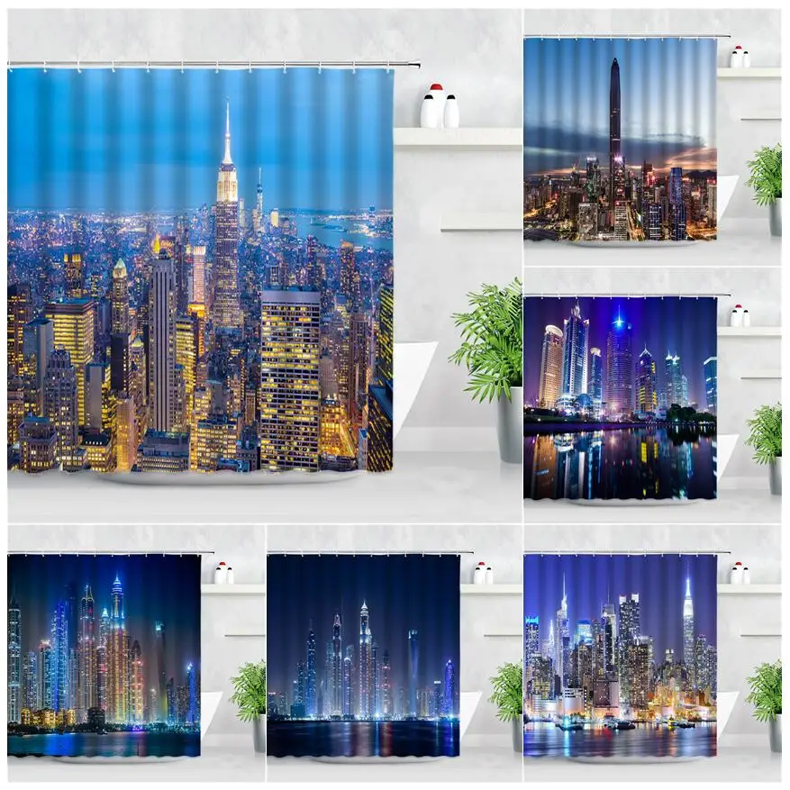Занавеска для душа в виде ночного города, Империя, здание штата, Нью-Йорк, современный декор, водонепроницаемая штора с крючками