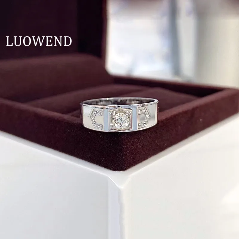 

LUOWEND 18K White Gold Ring Classic 0.20carat Man Ring Natural Diamond Bague for Men Wedding Engagement Party