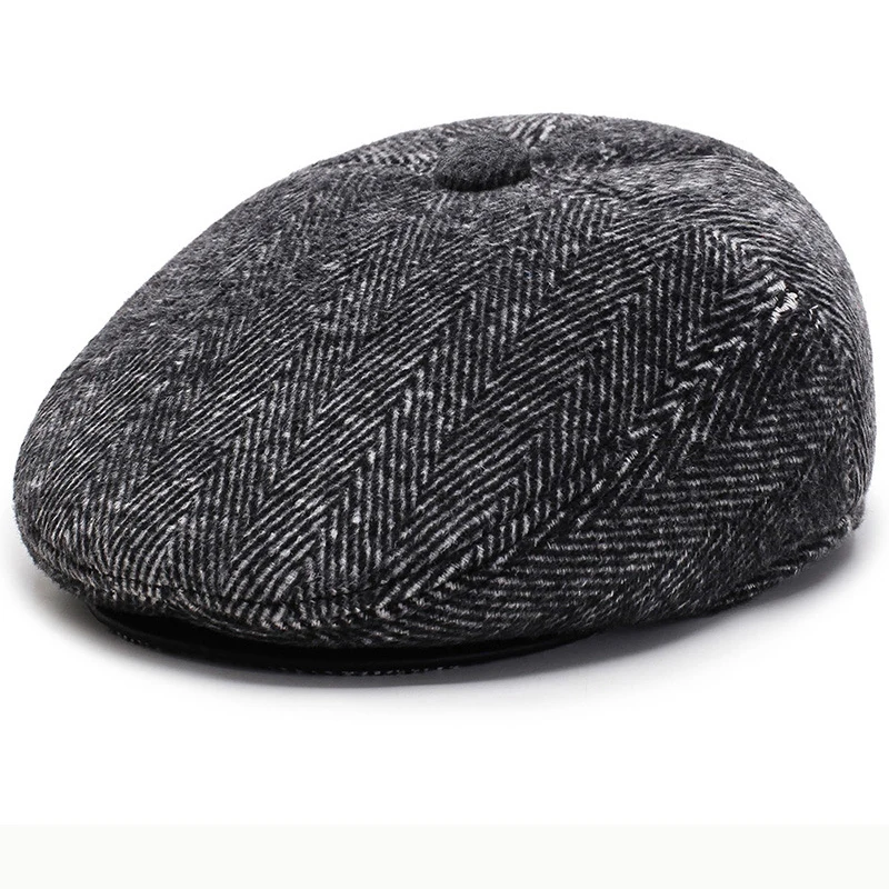 HT2630 Beret Cap Autumn Winter Beret Thick Warm Earflap Cap Men Vintage Wool Felt Hat with Ear Flap Male   Flat Cap