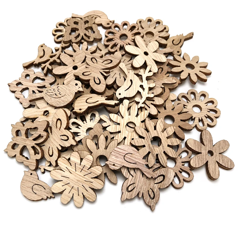 25/50pcs Mix Natural Wood Chips Butterfly Flowers Wooden DIY Crafts Christmas Tree Hanging Ornaments Wedding Party Home Decor