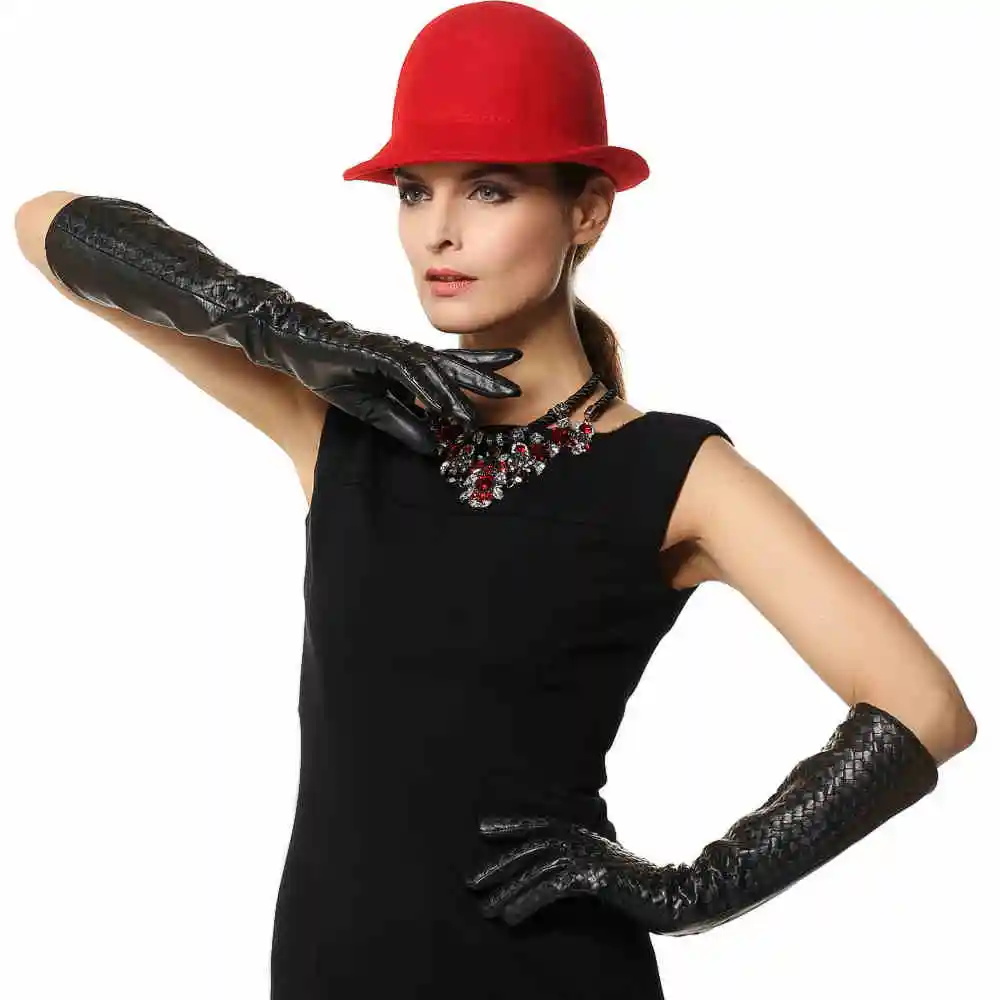 Women\'s Gloves Hand Woven Fashion Black Long Leather Gloves Real Leather Sheepskin Gloves Dance Party L108NN-1