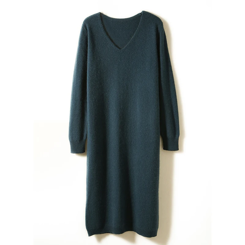 Autumn Winter 100% Wool Sweater Long Pullover Elegant Knit Straight Dress Women V-neck Loose Warm Casual Chic Dress Spring