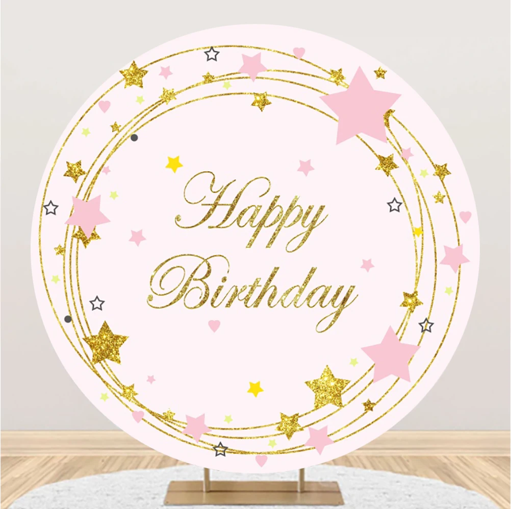 Laeacco Baby Birthday Background Pink Stars Gold Thread Round Polyester Photographic Photo Backdrop For Photo Studio