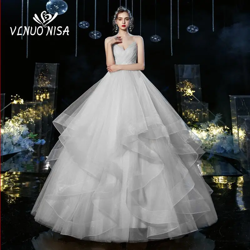 Cheap Korean 2021 New Summer Wedding dress Sexy Deep V Neck Ball Gowns Spaghetti Straps Off White Champagne Tulle Bridal Dress