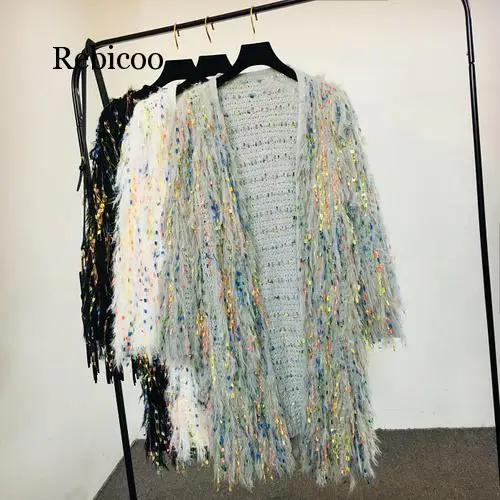 Lambs Sequins Tassels Knitted Sweater Long Jacket Hook Flowers Cardigan Handmade Mixed Color Fringed Velvet Fluffy Coat Outwear