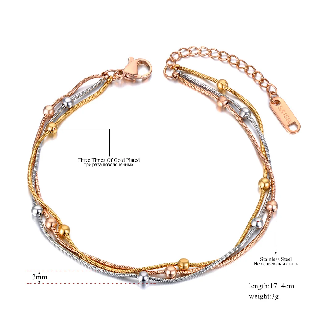 Lokaer Titanium Stainless Steel Three Gold Color Bracelet Fashion Bohemia Three Layers Beaded Chain Bracelet For Women B21082