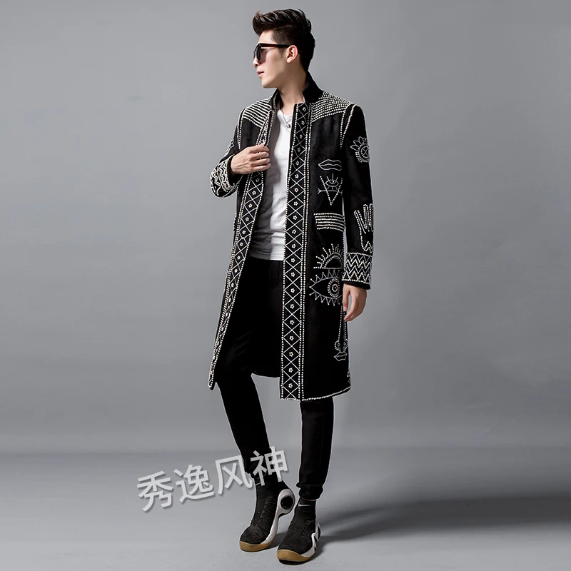 Autumn New Blazer Men Clothing Pearl Rivet Beaded Long Suit Trench Coat Embroidery Fashion Jacket Male Singer Stage Windbreaker