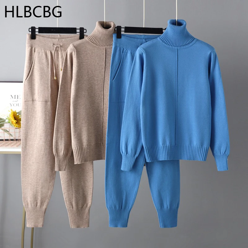 2024 New 2 Pieces Set Women Knitted Tracksuit Turtleneck Sweater Carrot Jogging Pants Pullover Sweater Set CHIC Knitted Outwear 2021 knitted two piece sets women pullover sweater and pants suit tracksuit o neck sweater loose trousers chic carrot pants set