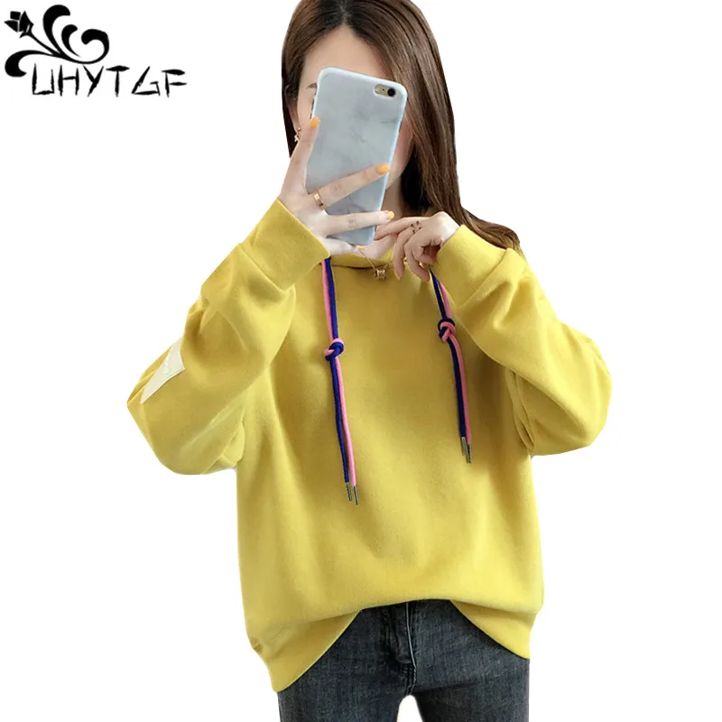 

UHYTGF Women's Spring Autumn Sweatshirt Solid Wild Pullover Casual Student Oversized Hoodie Female Jacket Thin Tops Moletom 1518