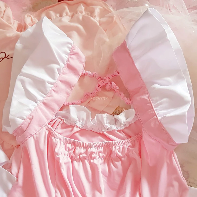 Pink Lolita Women Maid Cosplay Kawaii Apron Servant Costume Babydoll Dress Uniform Erotic Role Play Cute Live Show Sexy Lingerie