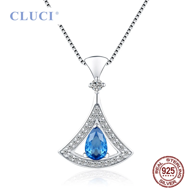 CLUCI Silver 925 fashion Blue Zircon Pendant for Women Valentine Gift Sterling Silver Sector Charms Pendant Jewelry DP011SB