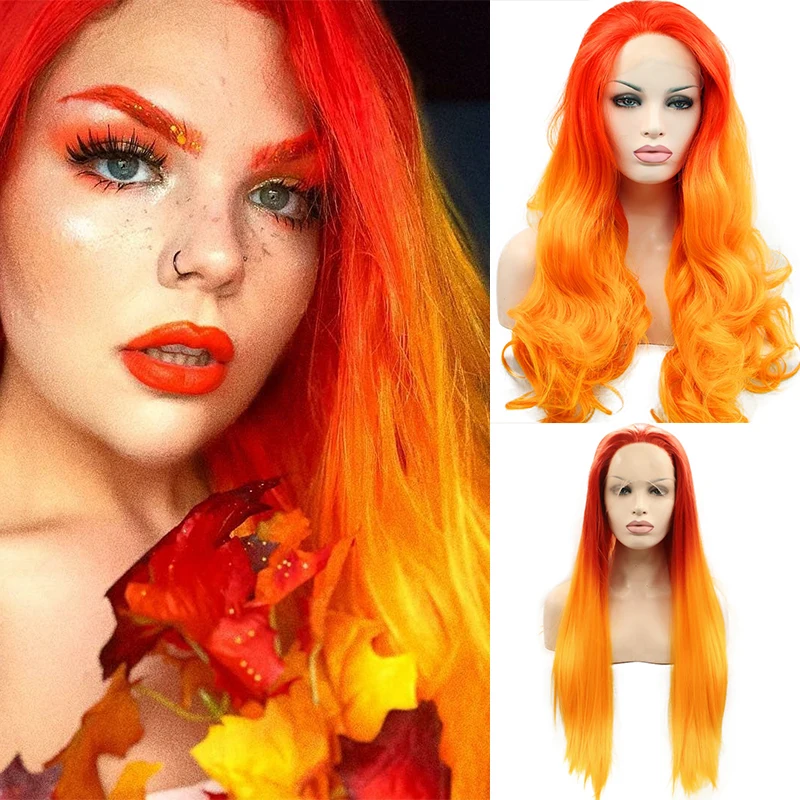 

HD Transparent Lace Frontal Wig Orange Ginger Body Wave Red Straight Ombre Curly Colorful Front Wigs Cosplay Synthetic Hair