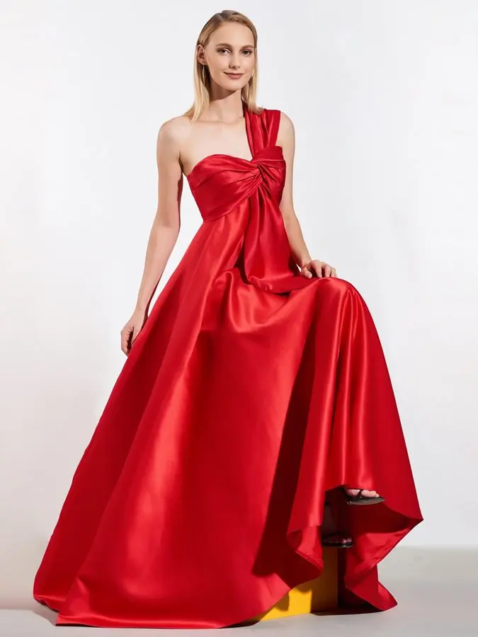 2025 elegante A-Line plisado un hombro satén vestido de noche rojo con lazo hasta el suelo vestidos formales de graduación vestidos de fiesta