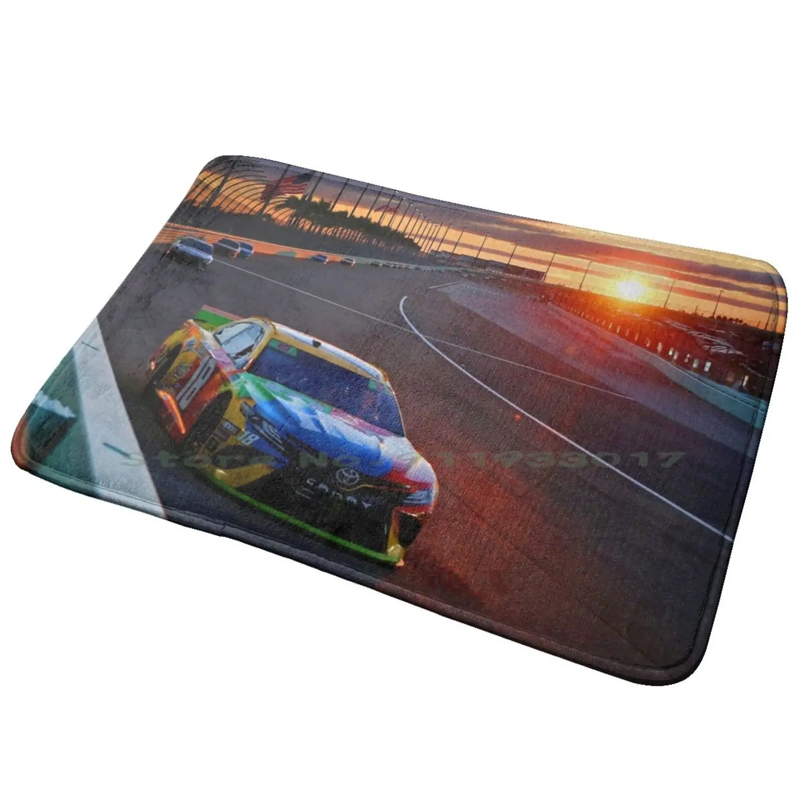 Kyle Bush Racing His Racecar During Sunset At Homestead Florida 2019 Entrance Door Mat Bath Mat Rug Stock Car Racecar Sports