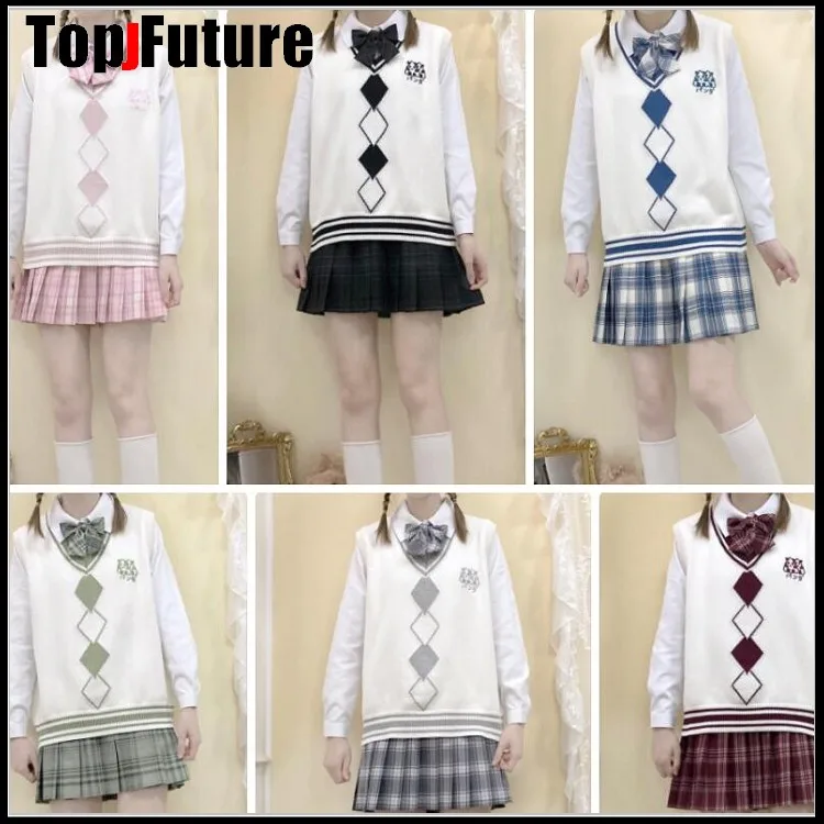 Japanese JK uniform knitted vest school Uniform CardigansJapanese  girl uniform student embroidery sweater pleated skirt tie set