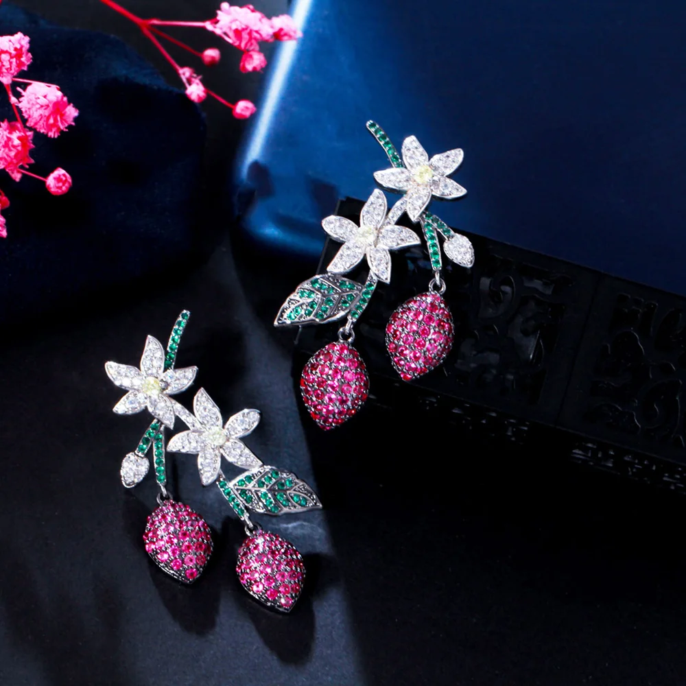 Pera Trendy Flower Design CZ Stone Long Tassel Red Lemon Fruit Dangle Earrings for Women Costume Jewelry Summer Party Gift E837