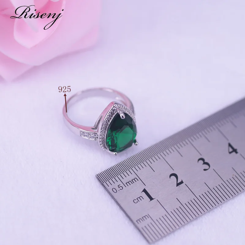 Russian Hot Sale Style Big Water Drop Square Green Stone Silver 925 Jewelry For Women Ring Necklace Earring Set