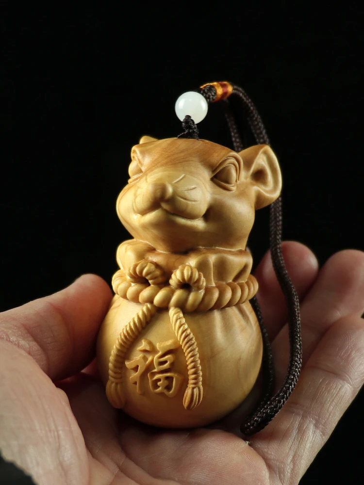 6X3X3 CM Wealthy Mouse Hand Carved Boxwood Figurine Carving Lucky Pendant Zodiac Rat Home Decor - #W042