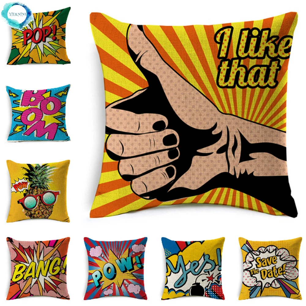 Cotton Linen Throw Pillow Cover American POP Art Cushion Cover POW BANG WOW LOVE Pineapple Modern Decorative Sofa Cushion Covers