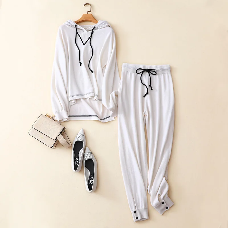 Autumn winter new 2021 women's 100% pure cashmere suit hooded sweater fashion wide-leg pants two-piece female trend