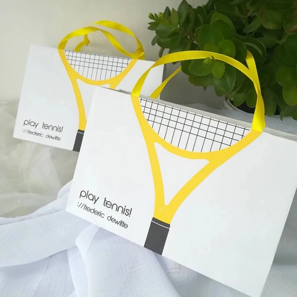 Personalized Paper Bags with Logo tennis and yellow satin ribbon 20*14*7 cm Custom party small Paper Bag for business gift,