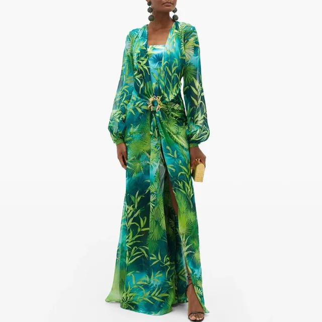 Vestido largo con estampado verde y escote en V profundo, joyería, hebilla, vestido de banquete, verano, Impreso Saten, Floral, Formal, fiesta nupcial, playa