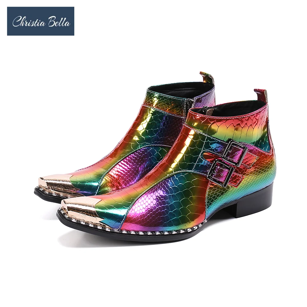 

Luxury Multicolor Party Man Dress Shoes Metal Square Toe Real Leather Motorcycle Ankle Boots Plus Size Club Men Short Boots