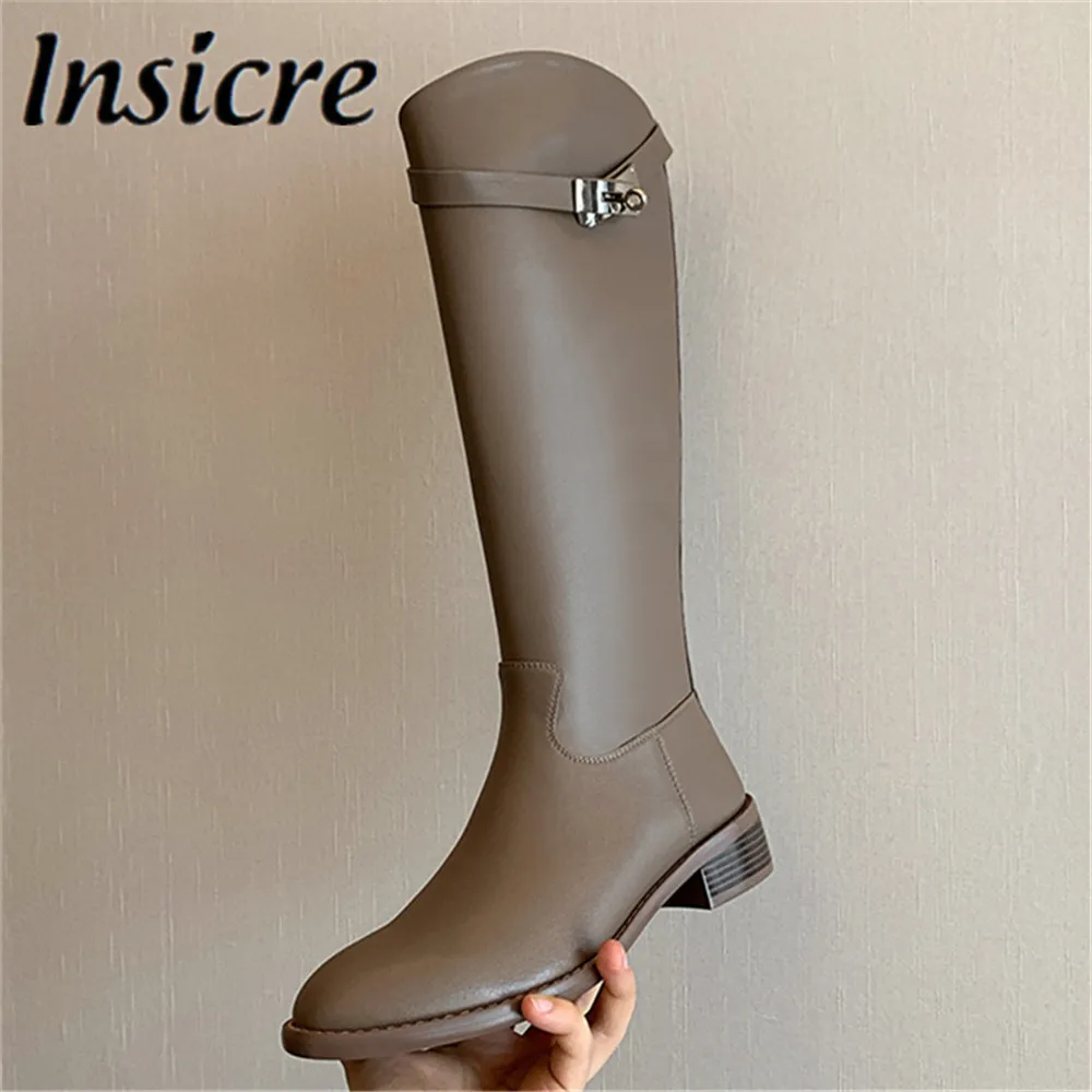 Insicre Classic Style Genuine Leather Knee High Boots Autumn Women Comfortable Low Square Heels Zipper Round Toe Black Shoes